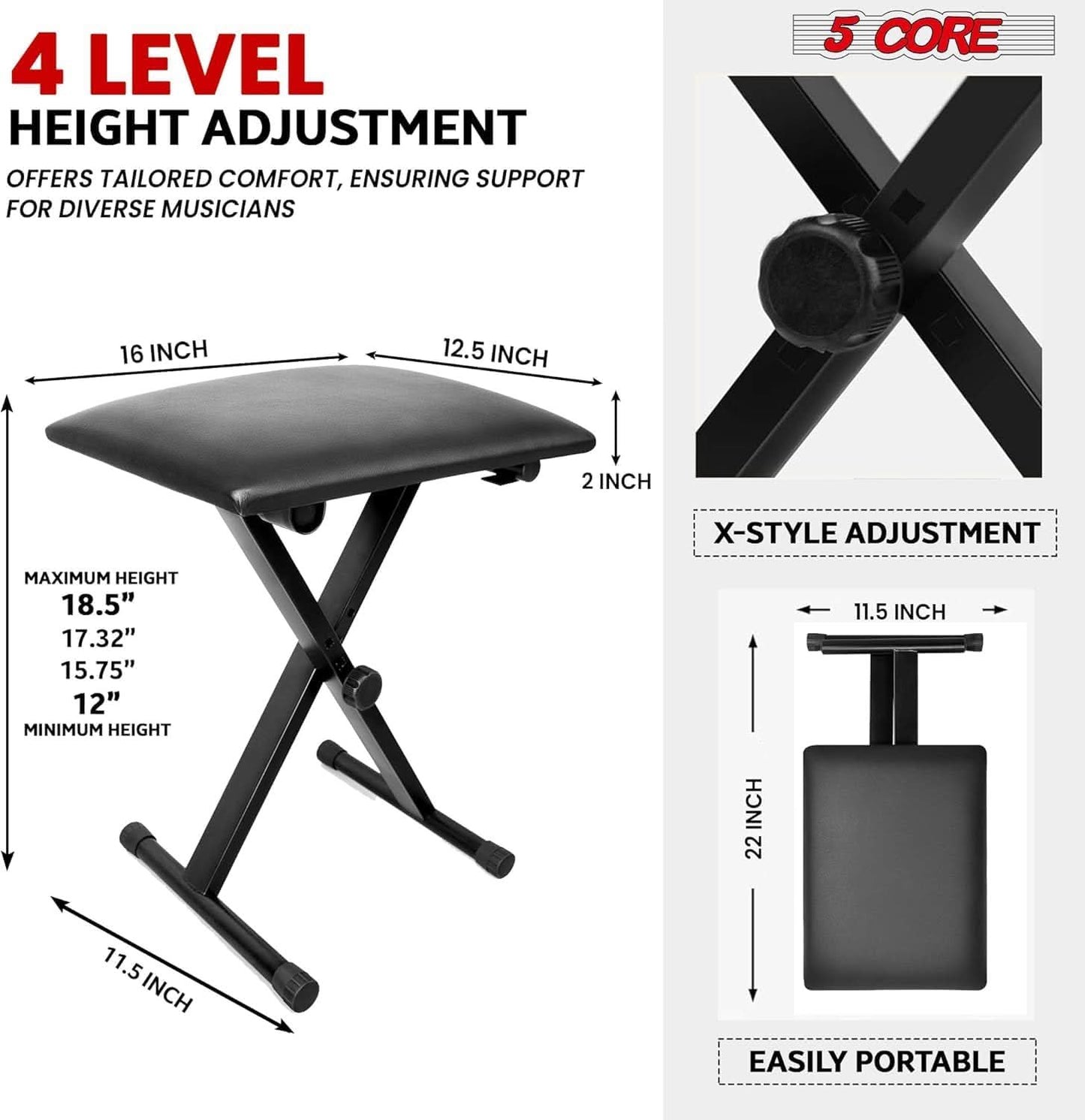 5Core Keyboard Stand Single X Style Adjustable Piano Riser + Keyboard