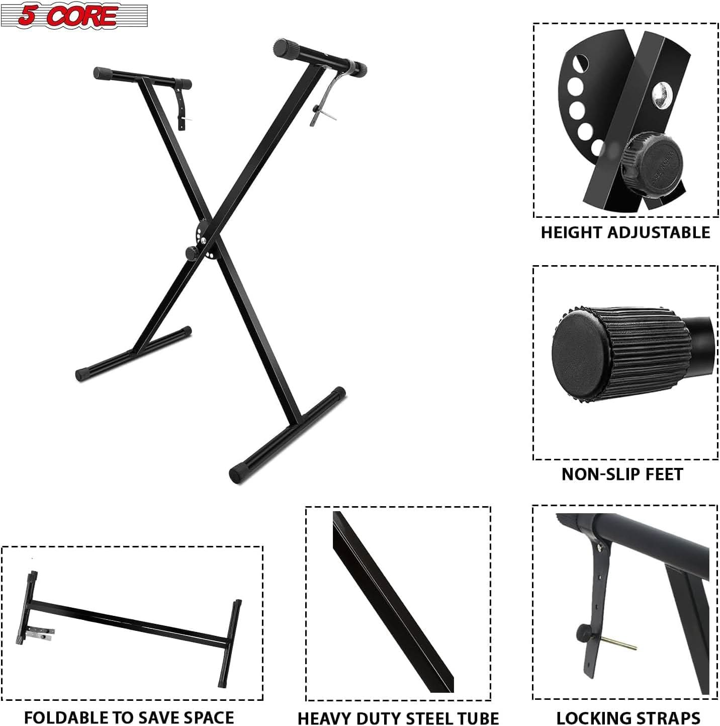 5Core Keyboard Stand Single X Style Adjustable Piano Riser + Keyboard