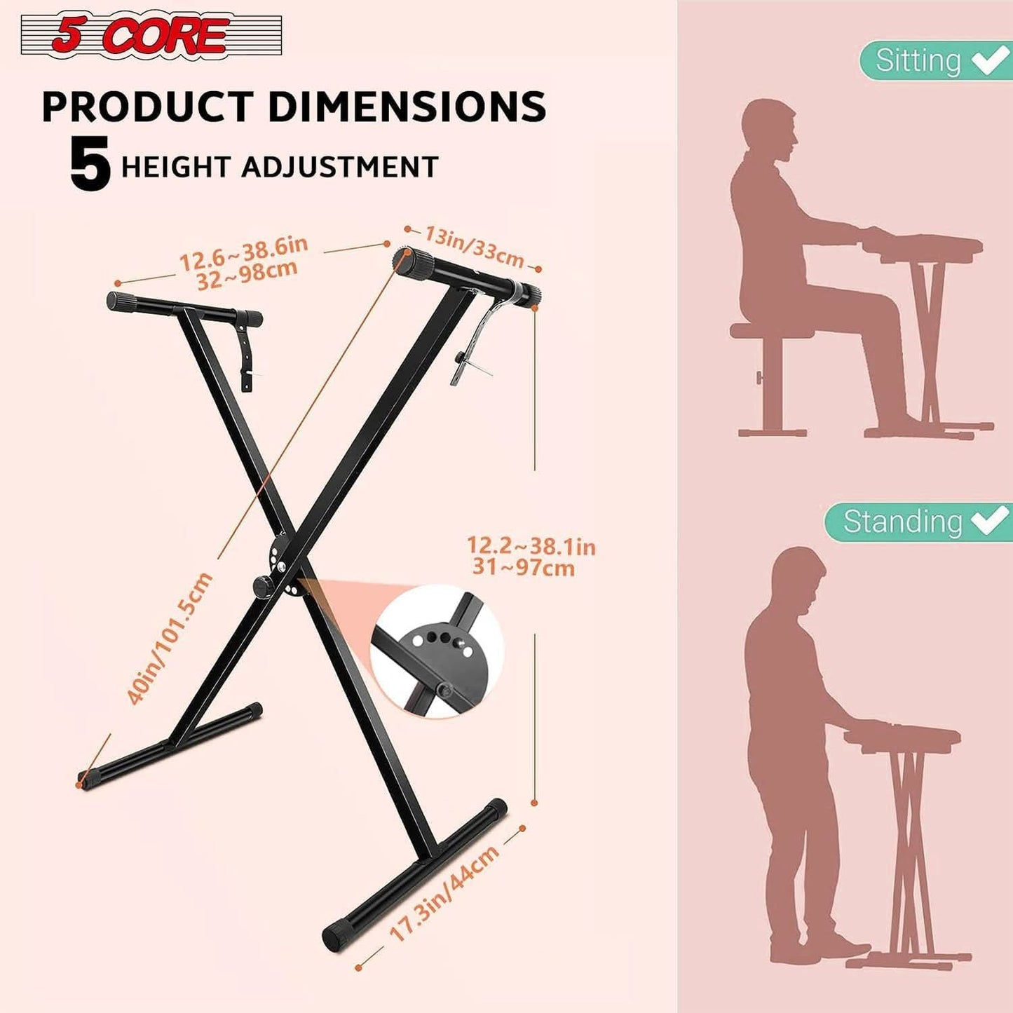 5Core Keyboard Stand Single X Style Adjustable Piano Riser + Keyboard