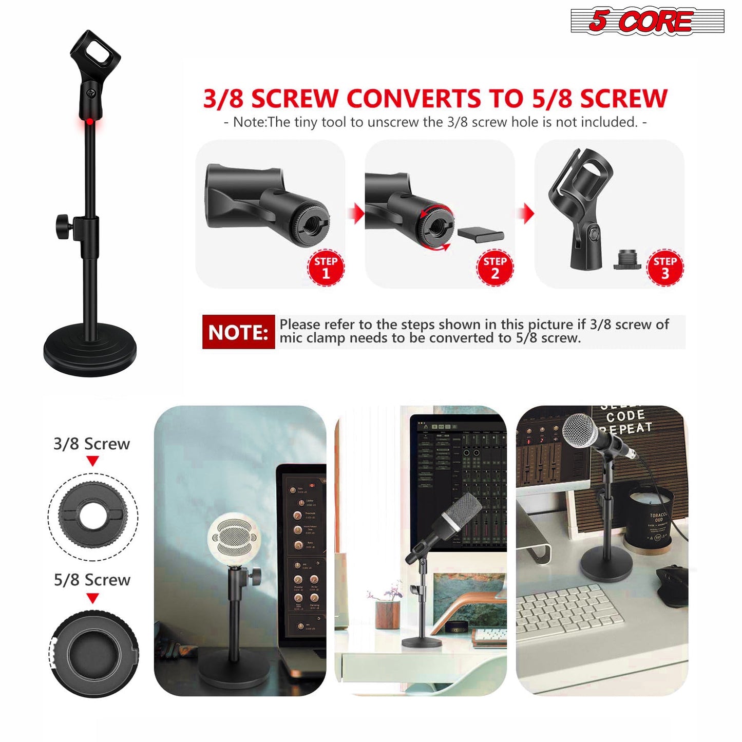 5 Core Desk Mic Stand 2Pcs Adjustable Table Round Base Portable Deskto