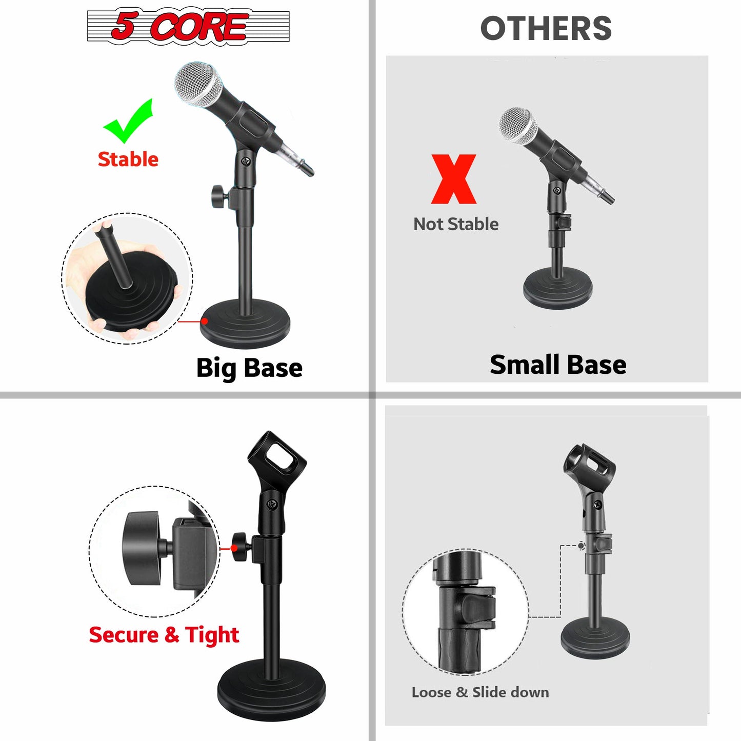 5 Core Desk Mic Stand 2Pcs Adjustable Table Round Base Portable Deskto